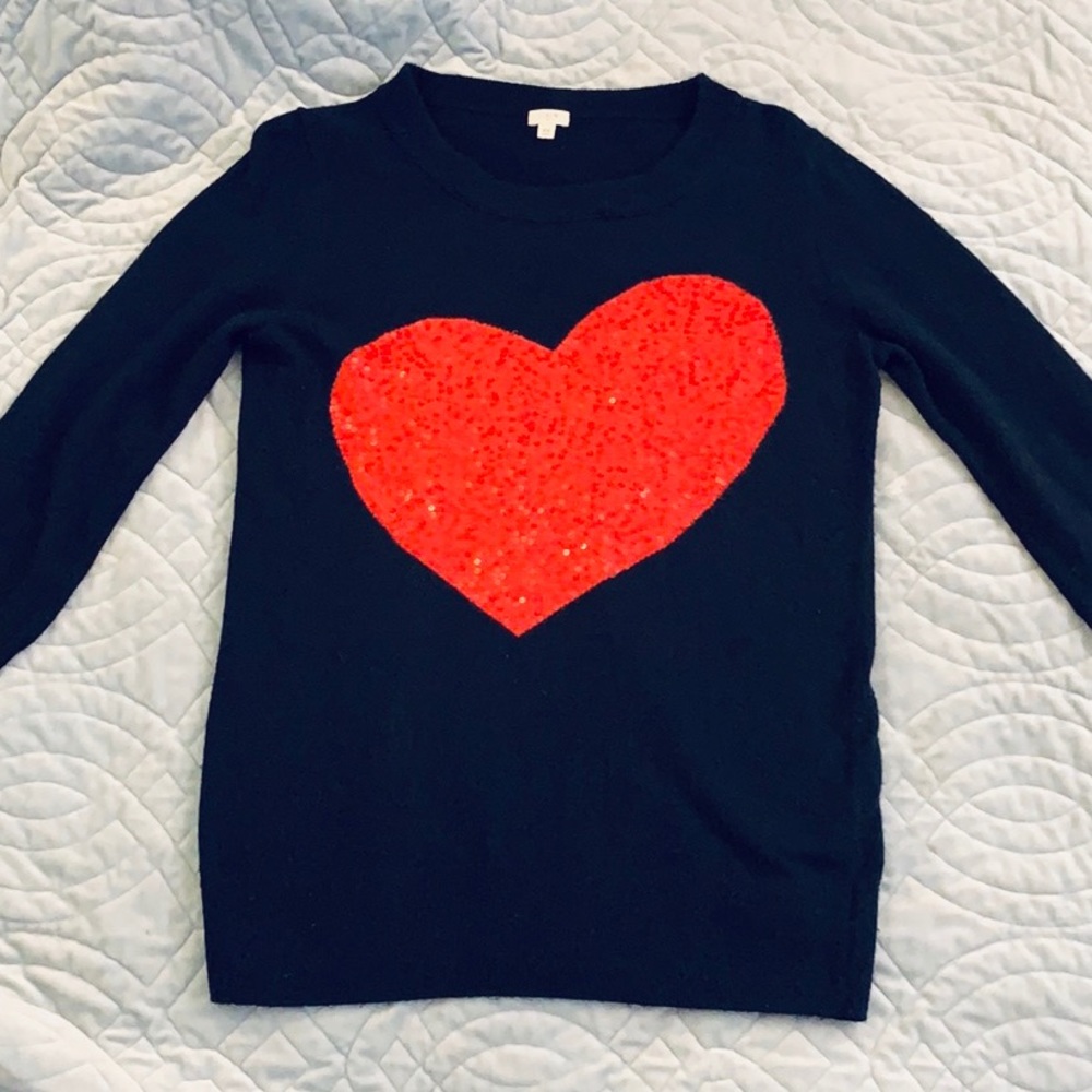 J. Crew Charley Red Sequin Heart Navy Sweater.